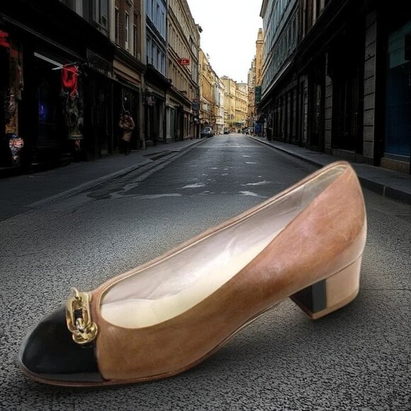 AGL Attilio Giusti Leombruni Taupe Black Cap Toe Buckle Leather Flats, Size 36.5 - Picture 1 of 9